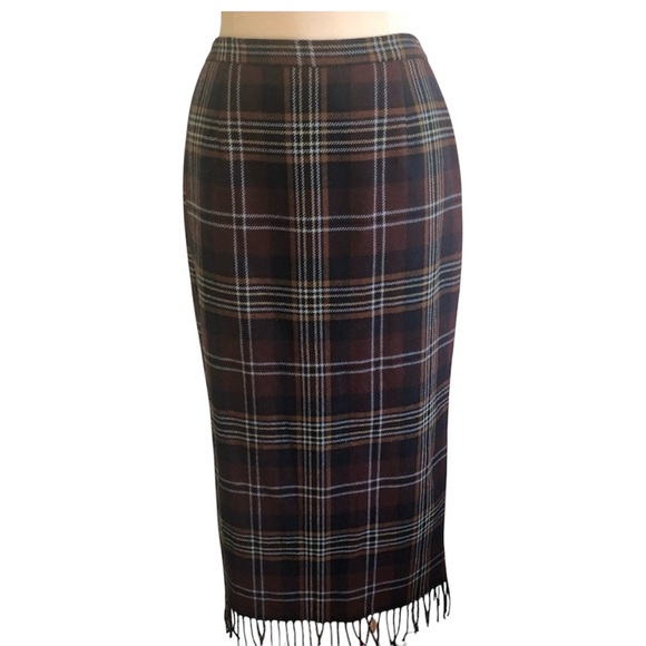 Vintage Nouveaux Brown Plaid Maxi Pencil Skirt W/Fringe Hem Wool Blend Size 8p